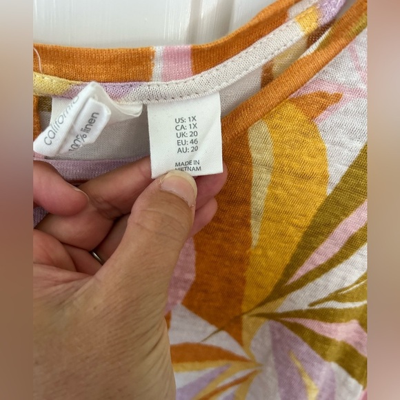 C&C California Women’s Tropical Orange and Pink Print 100% Linen T Shirt Size 1X - Picture 4 of 8